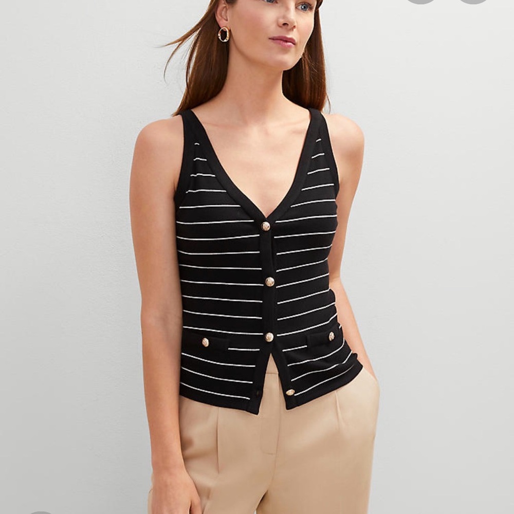 Ann Taylor Black and White Striped Button Tank Top